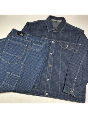 Barcode Denim Jacket & Jeans Set Men Sz 2XL 38 x 32 Blue Check Baggy Carpenter